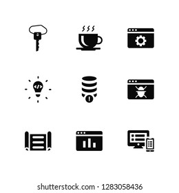 Vector Illustration Of 9 Icons. Editable Pack Key, Coffee cup, print, Bug, Database, Responsive, Analytics, Idea, Settings