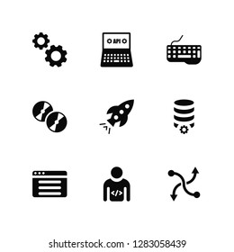 Vector Illustration Of 9 Icons. Editable Pack Cogwheel, Api, Browser, Server, Startup, Merge, User, Compact disc, Keyboard