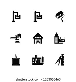 Vector Illustration Of 9 Icons. Editable Pack For sale, rent, Tv, Sale, Garage, Measure, print, Juridical, Paint roll