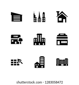 Vector Illustration Of 9 Icons. Editable Pack Garage, Buildings, Construction, Market, Real estate, Store, House