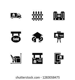 Vector Illustration Of 9 Icons. Editable Pack Delivery truck, Fence, Technical drawing, Slides, Exchange, Support, Advertisement, Sold, Real state