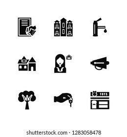 Vector Illustration Of 9 Icons. Editable Pack Contract, Apartment, Tree, Megaphone, Agent, Shop, Property, Villa, Faucet