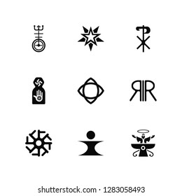 Vector Illustration Of 9 Icons. Editable Pack United Church of Christ, Wicca, Paganism, Nordic Faravahar, Humanism, Jainism, Chi Rho