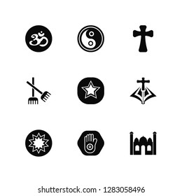 Vector Illustration Of 9 Icons. Editable Pack Om, Yin Yang, Paganism, Mantle, Bahai, Taj mahal, Jainism, Catholicism