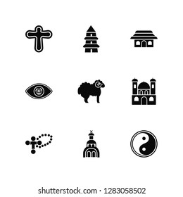 Vector Illustration Of 9 Icons. Editable Pack Cross, Taoism, Monastery, Lamb, Church, God, Shinto