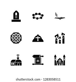 Vector Illustration Of 9 Icons. Editable Pack Commandments, Bead, Monastery, Candles, Pope, Synagogue, Torah, Crown of thorns, Holy scriptures