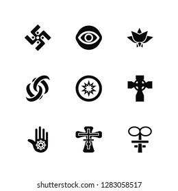 Vector Illustration Of 9 Icons. Editable Pack Jainism, Caodaism, Celtic Cross, Occultism, Satanic Church, Orthodox, Odin, Ayyavazhi