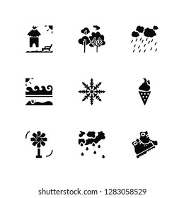 Vector Illustration Of 9 Icons. Editable Pack Hut, Trees, Fan, Ice cream, Snowflake, Boots, Rain, Summer, Cloudy