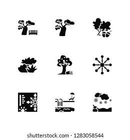 Vector Illustration Of 9 Icons. Editable Pack Autumn, Tree, Thermometer, Snowflake, Apple tree, Snowy, Swimming pool, Bush, Leaf