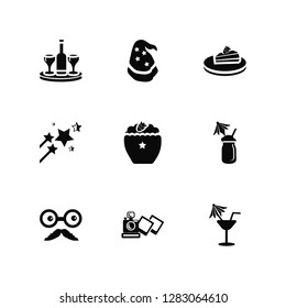 Vector Illustration Of 9 Icons. Editable Pack Bottle and Two Glasses, Wizard Hat, Mustache with Juice Straw, Cupcake big cherry, Drink, Birthday Pictures