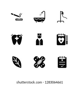 Vector Illustration Of 9 Icons. Editable Pack Cigarette, Shower, Leaf, Report, Nurse, Bandage, Dental, Iv