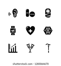 Vector Illustration Of 9 Icons. Editable Pack Ear, Pills, Chart, Dna, Heart, Walking stick, Crutch, Watch, Baby