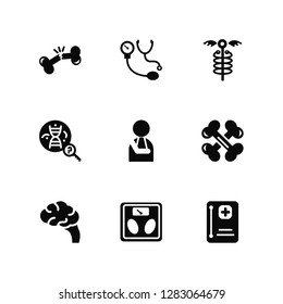 Vector Illustration Of 9 Icons. Editable Pack Bone, Blood pressure, Brain, Bones, Broken arm, Medical history, Scale, Dna, Medicine