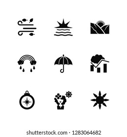 Vector Illustration Of 9 Icons. Editable Pack Wind, Sunset, Compass, Graph, Umbrella, Sun, Summer, Rainbow, Sunrise