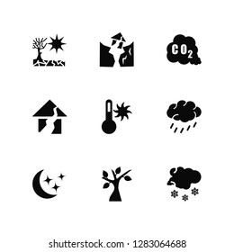 Vector Illustration Of 9 Icons. Editable Pack Cracked Ground, Ground Between Houses, Night, Rain, Hot Thermometer, Snowy, Tree, Broken House, CO2 Gas