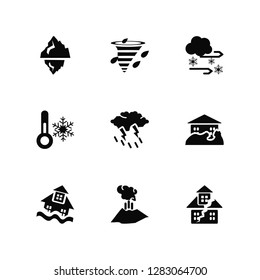 Vector Illustration Of 9 Icons. Editable Pack Iceberg, Tornado Season, Flooding House, Flooded Home, Rain and Thunder, Earthquake Erupting Volcano, Cold Temperature, Snow Wind