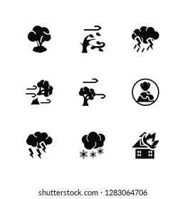 Vector Illustration Of 9 Icons. Editable Pack Bomb Explosion, Wind And Bend Trees, Thunder Cloud, Volcano Warning, and Bent Fir, House On Fire, Snoflakes Winter Cloud