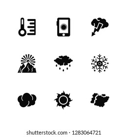 Vector Illustration Of 9 Icons. Editable Pack Temperature, Forecast, Cloudy, Snowflake, Rain, Clouds, Sun, Sunrise, Thunder