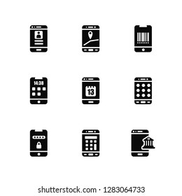 Vector Illustration Of 9 Icons. Editable Pack Login, Application, Password, App, Calendar, Banking, Calculator, Time, Qr code