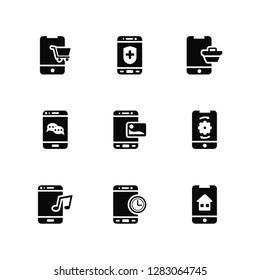 Vector Illustration Of 9 Icons. Editable Pack Purchase, Medical app, Music, Settings, Image, Homepage, Stop watch, Chat, Mobile shopping