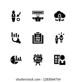 Vector Illustration Of 9 Icons. Editable Pack Strategy, Office, Time, Idea, Contract, Resume, Presentation, Analytics, Cloud