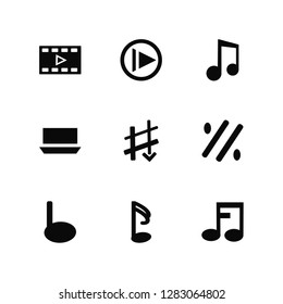 Vector Illustration Of 9 Icons. Editable Pack Video player, Play, Quarter, Simile, Sharp, Octave, Sixteenth note, Half rest, Music player