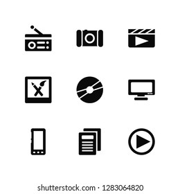 Vector Illustration Of 9 Icons. Editable Pack Radio, Photo Camera, Smartphone Call, Television Screen Off, DVD Disc, Movie Player Play Button, Newspaper Report