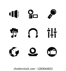 Vector Illustration Of 9 Icons. Editable Pack Low Volume Speaker, Video Camera, Globe with Pointer, Music Player Settings, Headphones, Webcam Call