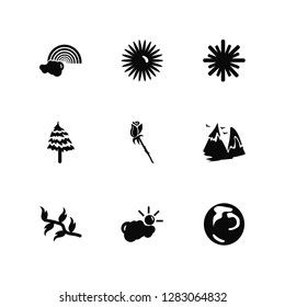 Vector Illustration Of 9 Icons. Editable Pack Rainbow, Sun, Leaf, Mountains, Rose, World, Cloud, Pine, Snowflake