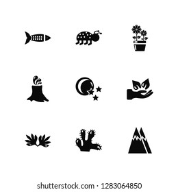 Vector Illustration Of 9 Icons. Editable Pack Fish, Ladybug, Hemp, Save nature, Night, Mountains, Cactus, Volcano, Flower