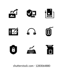 Vector Illustration Of 9 Icons. Editable Pack Share, Shield, Security, Mouse, Headphones, Memory card, Keyboard, Graphic tablet, Hard disk