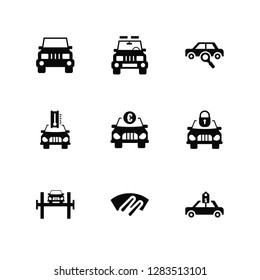 Vector Illustration Of 9 Icons. Editable Pack Jeep front, front view, Car On an Elevator, and Padlock, with euro, for sale, Glass wiper, Temperature, Searching car