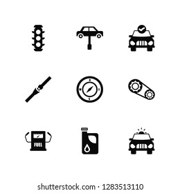 Vector Illustration Of 9 Icons. Editable Pack Traffic Light, Mechanical service of a car, Fuel counter, Bicycle sprockets, Round Compass, Police car with Oil Can Big Drop