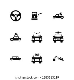 Vector Illustration Of 9 Icons. Editable Pack Car Steering Wheel, Gasoline refilling station, Limousine side view, Electric and Plug, Police car with steering wheel