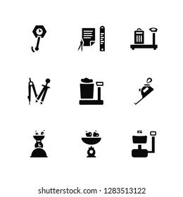 Vector Illustration Of 9 Icons. Editable Pack Wall clock, Ruler, Kitchen Scale, Measuring Tape, Vintage Mini Open Compass, Cargo Scale