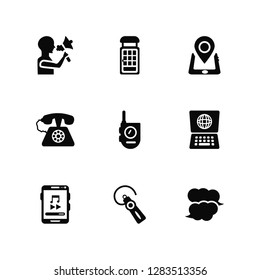 Vector Illustration Of 9 Icons. Editable Pack Speaking, Phone booth, Smartphone, Laptop, Walkie talkie, Speech bubble, Hands free, Telephone, Smartphone