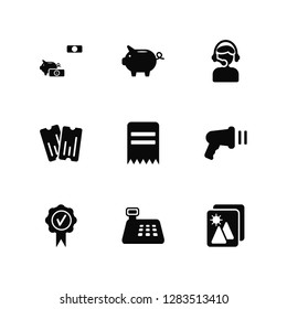 Vector Illustration Of 9 Icons. Editable Pack Piggy bank, Quality, Barcode scanner, Invoice, Gallery, Cash register, Coupon, Support