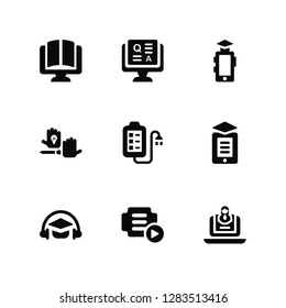 Vector Illustration Of 9 Icons. Editable Pack Online course, Question, Headphones, Ebook, Exam, Elearning, Tutorial, Hands, Graduation