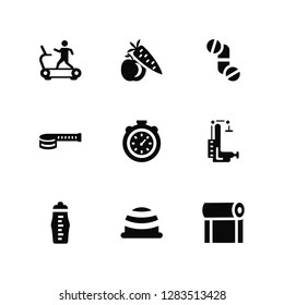 Vector Illustration Of 9 Icons. Editable Pack Running Treadmill, Carrot and Apple, Drink, Weightlifting, Big Stopwatch, Mat, Bosu ball, Measuring Tape, Pill Tablet