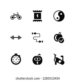 Vector Illustration Of 9 Icons. Editable Pack Bike, Energy Snack, Stopwatch, Good Diet, Skip Rope, Stationary Vitamin, Weightlifting, Yin Yang