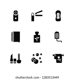 Vector Illustration Of 9 Icons. Editable Pack Electric shaver, Nail clippers, Make up, Tampon, Fragance, Towel, Bubble, Appointment book, Sanitary napkin