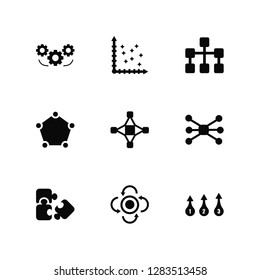 Vector Illustration Of 9 Icons. Editable Pack Settings, Scatter, Puzzle, Connections, Interconnected, Numbe, Update, Pentagon, Diagram