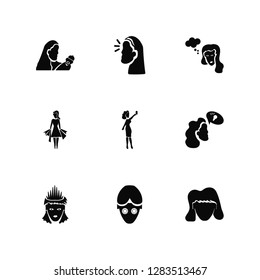 Vector Illustration Of 9 Icons. Editable Pack Motherhood, Happy Woman, Self Confidence, Woman Thinking, Taking a Selfie, Women Stressed, Treatment, Shopping, Dreamy girl