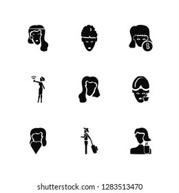 Vector Illustration Of 9 Icons. Editable Pack Woman with Curls, Middle Age Lady, In Love, Healthy Treatment, Cute Hairstyle, Women Cosmetics, Traveller