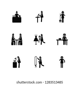 Vector Illustration Of 9 Icons. Editable Pack Woman Dish Washer, Blacksmith, Chemist, Veterinarian, Sewing Woman, Accounter Make Up, Women Meeting, Farmer