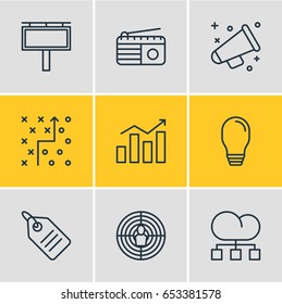 Vector Illustration Of 9  Icons. Editable Pack Of Fm Broadcasting, Cloud Distribution, Advertising Billboard And Other Elements.
