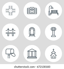 Vector Illustration Of 9  Icons. Editable Pack Of Building, Clinic, Courthouse And Other Elements.