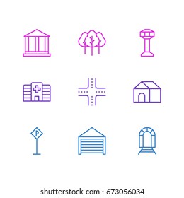 Vector Illustration Of 9  Icons. Editable Pack Of Clinic, Control Tower, Home And Other Elements.