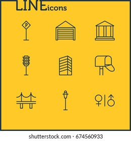 Vector Illustration Of 9  Icons. Editable Pack Of Lamppost, Golden Gate, Road Sign And Other Elements.