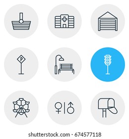 Vector Illustration Of 9  Icons. Editable Pack Of Basket, Ferris Wheel, Toilet And Other Elements.